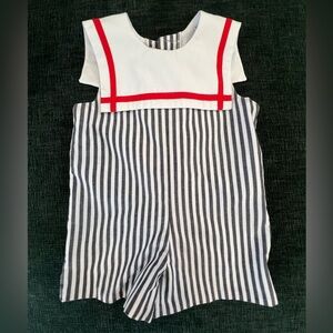 The Beaufort Bonnet Company Navy and White Striped Romper
